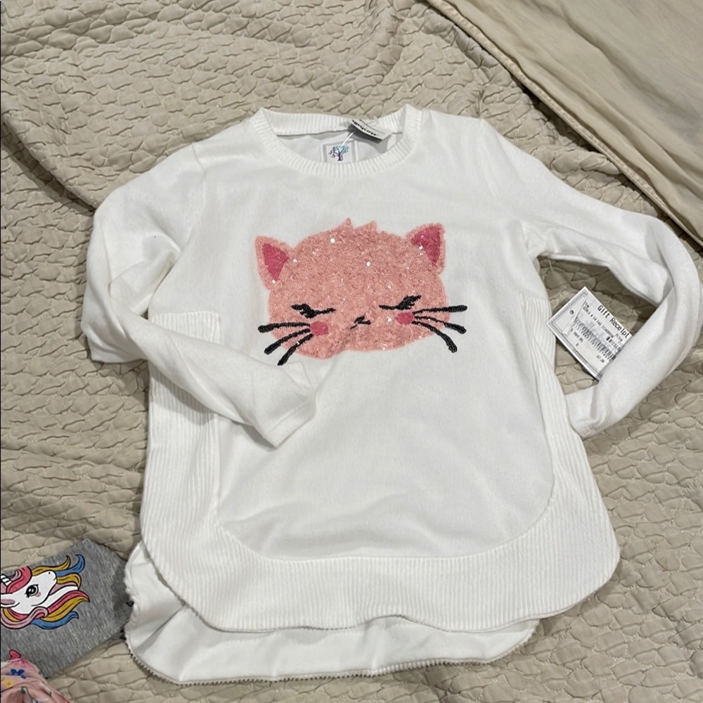 White and Pink Cat Face Kids Sweater